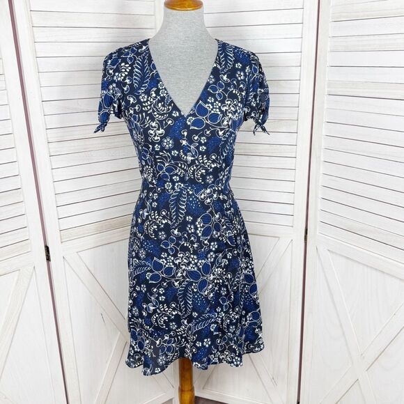J. Crew Floral Faux Wrap Mini Skater Dress Blue Size 0 Ruffle Trim Short Sleeve - Picture 1 of 14
